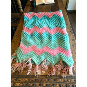 Handmade Crochet Zigzag Baby Blanket With Fringe - Pink & Green Chevron Pattern